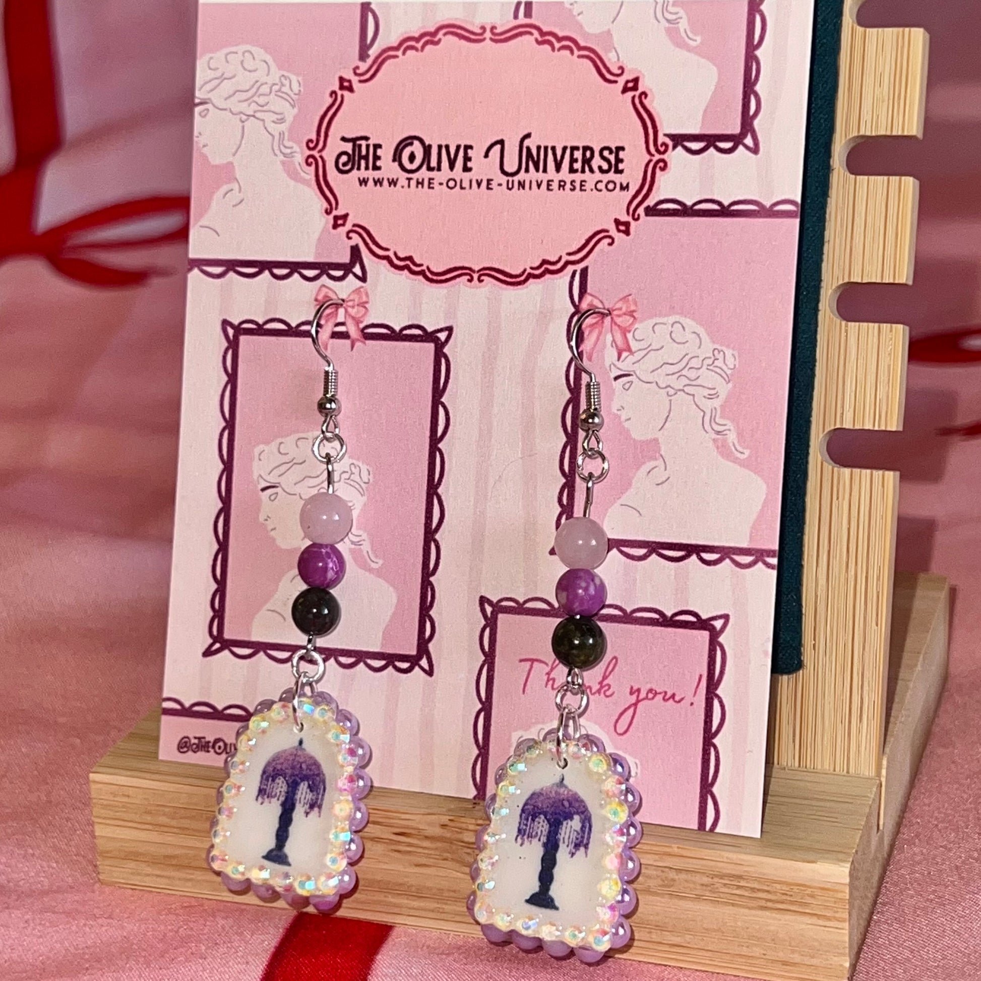 crystal lamp earrings, vintage lamp earrings, lamp charm earrings, rose quartz earrings, purple jasper earrings, indian agate earrings, pearl earrings, lavender pearl earrings, black pearl earrings, rhinestone earrings, fairycore jewelry, gothic coquette jewelry, handmade polymer clay earrings, hypoallergenic earrings, 18k gold plated earrings, statement charm earrings, whimsical jewelry, y2k fairycore earrings, olive made