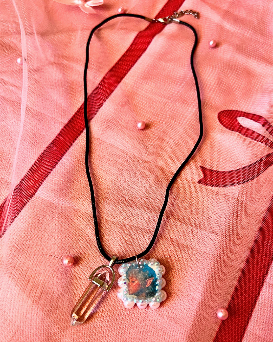 Iridescent Fairy Portrait Charm Necklace | Polymer Clay Pendant + Translucent Gem