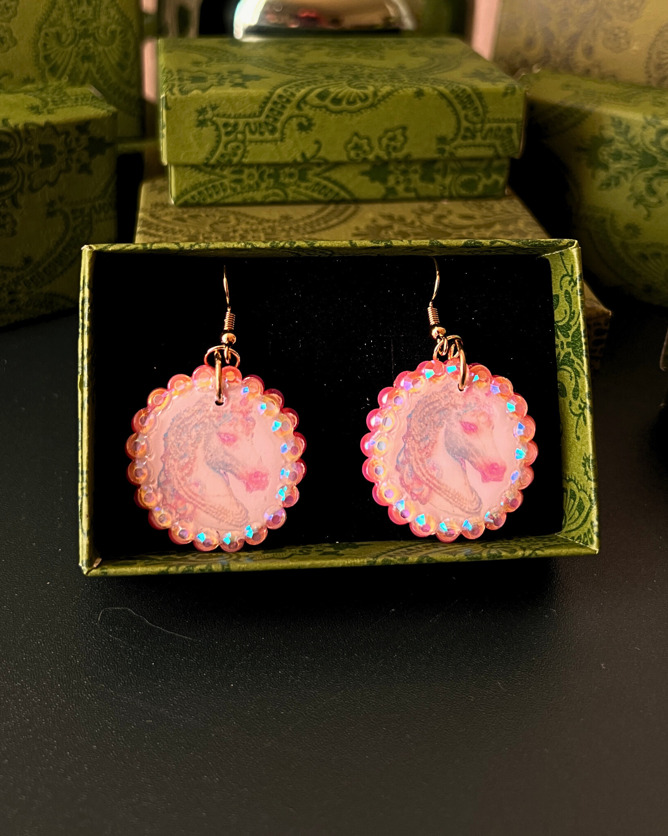 Unicorn Bedazzled Earrings | Handmade Polymer Clay Earrings | Iridescent Rhinestone Dangle Earrings | Y2K Fairycore Jewelry | Gift Ready