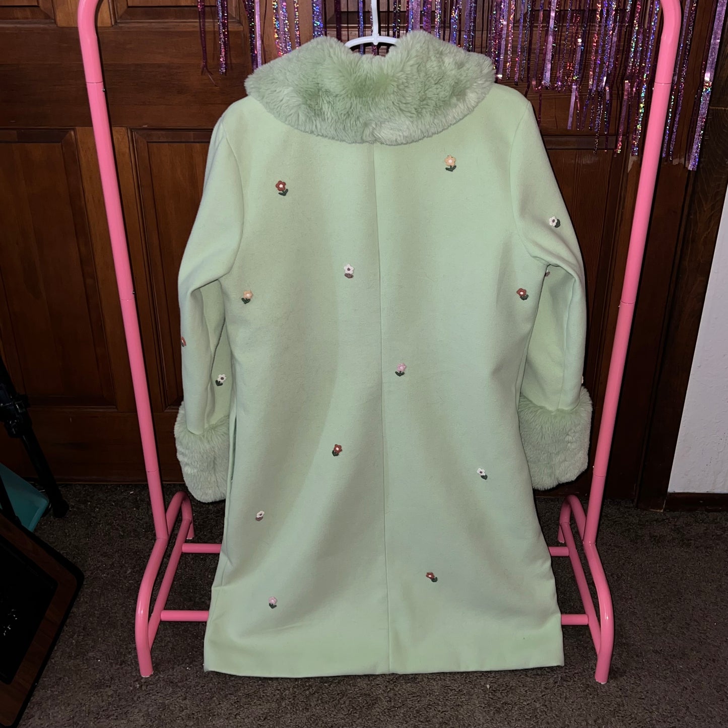 upcycled peacoat jacket, pastel green jacket, floral patch coat, faux fur cuff jacket, coquette coat, fairycore outerwear, whimsigoth jacket, statement outerwear, size medium coat, sustainable fashion, slow fashion, unique peacoat, pastel coat, handmade patch jacket, one of a kind coat, vintage inspired outerwear, lime green jacket, cute winter coat, spring outerwear, romantic outerwear