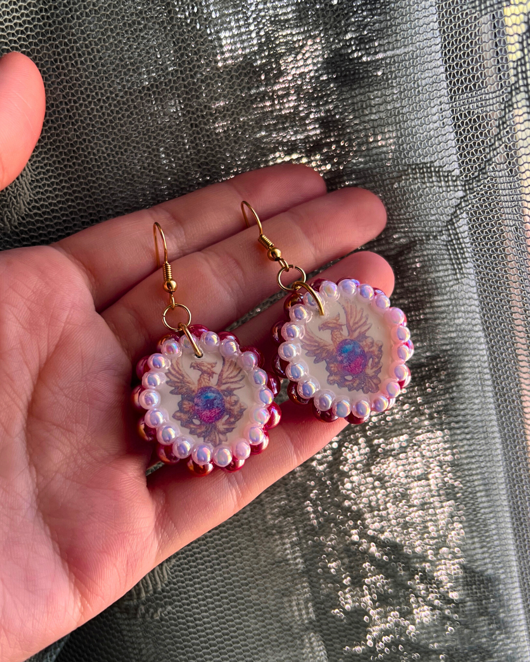 Phoenix Sigil Knight Earrings | Baroque Pearls + Crimson Gem