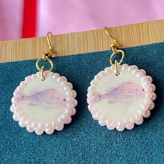 Pastel Pink Iridescent Fish Earrings | Y2K Dreamcore Pearl Dangles | Olive Made