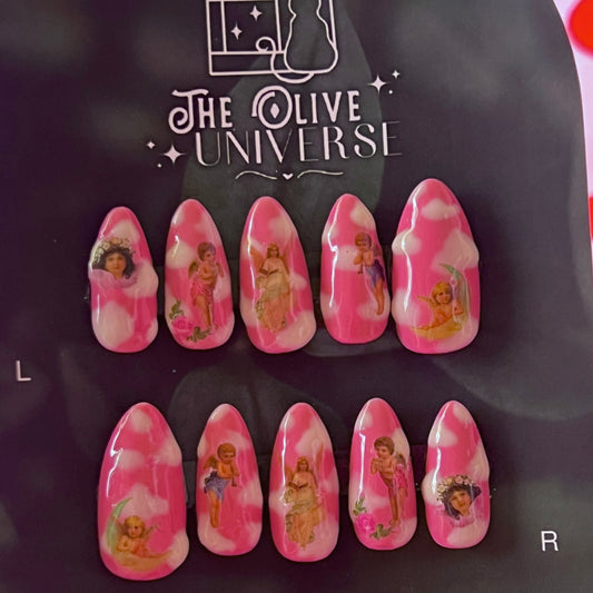 Pink Skies Angel Press-On Nails | Coquette Angelcore | Renaissance Angels | Ready to Ship | Size M