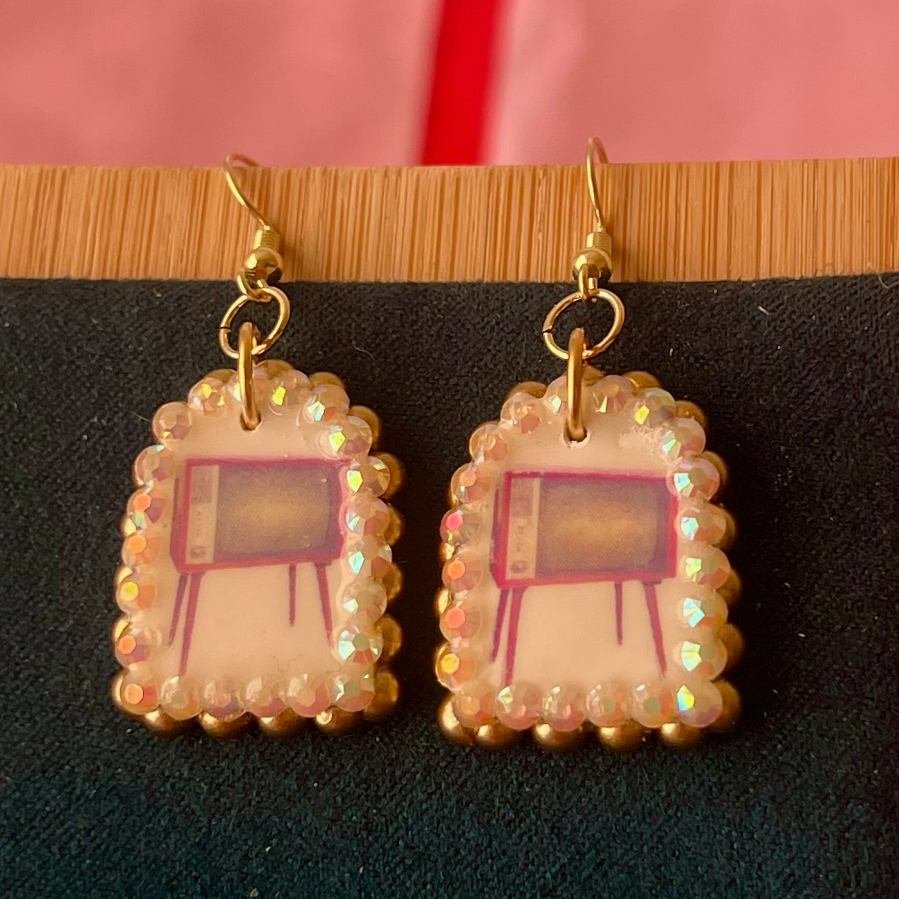 Handmade retro vintage TV charm earrings — pearl‑bedazzled arch dangles with a nostalgic TV graphic, gold/bronze pearl framing and 18k gold‑plated hooks; perfect retro, vintage, Y2K, indie, polymer‑clay statement jewelry.