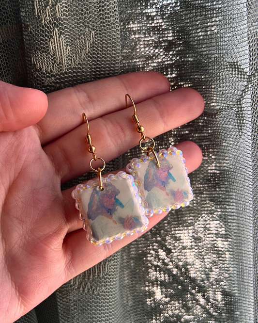 Dove Princess Fairy Earrings | Pearl Bedazzled Polymer Clay Charm | Coquette Pearl Earrings