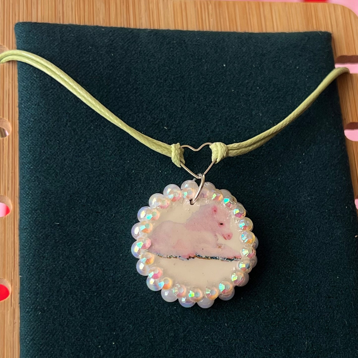 Unicorn Foal Charm Heart Choker | Coquette Pastel Green + Iridescent Pearls | Olive Made