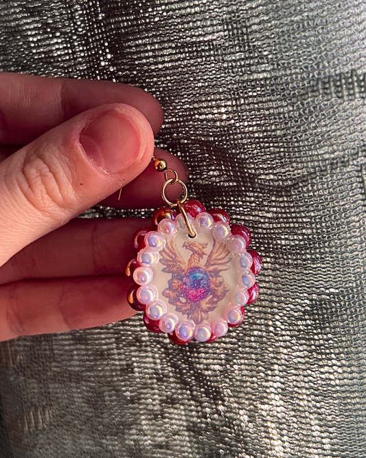 Phoenix Sigil Knight Earrings | Baroque Pearls + Crimson Gem