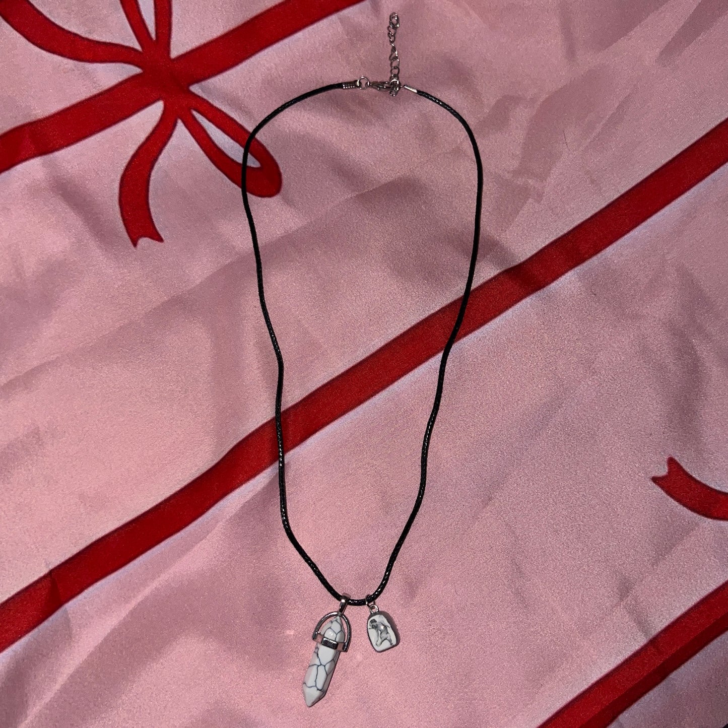 Marbled Pendant Necklace | Mini Angel Cherub Charm | Faux Leather Chain | Silver-Tone Detail | Ethereal Jewelry