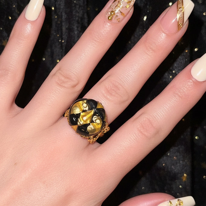 Gold Harlequin Mask Ring — Sculptural Masquerade Statement
