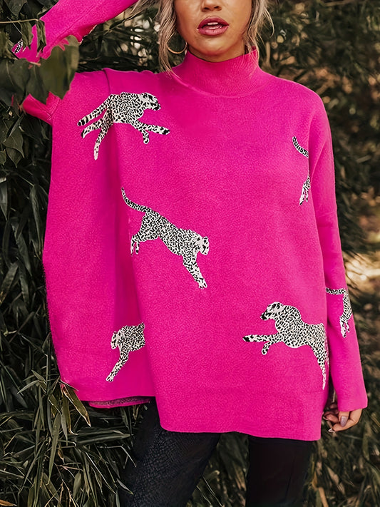 pink leopard mock neck sweater