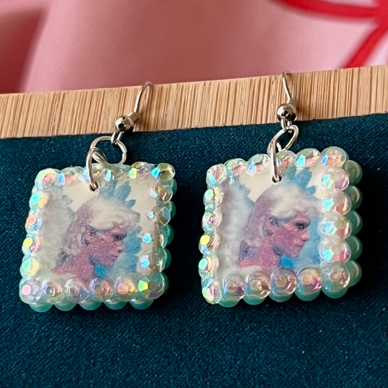 angel earrings, blue angel earrings, fairycore earrings, whimsigoth earrings, medieval fantasy jewelry, rhinestone earrings, pearl rhinestone earrings, handmade polymer clay earrings, charm earrings, statement earrings, gift for fairycore lover, cute angel jewelry