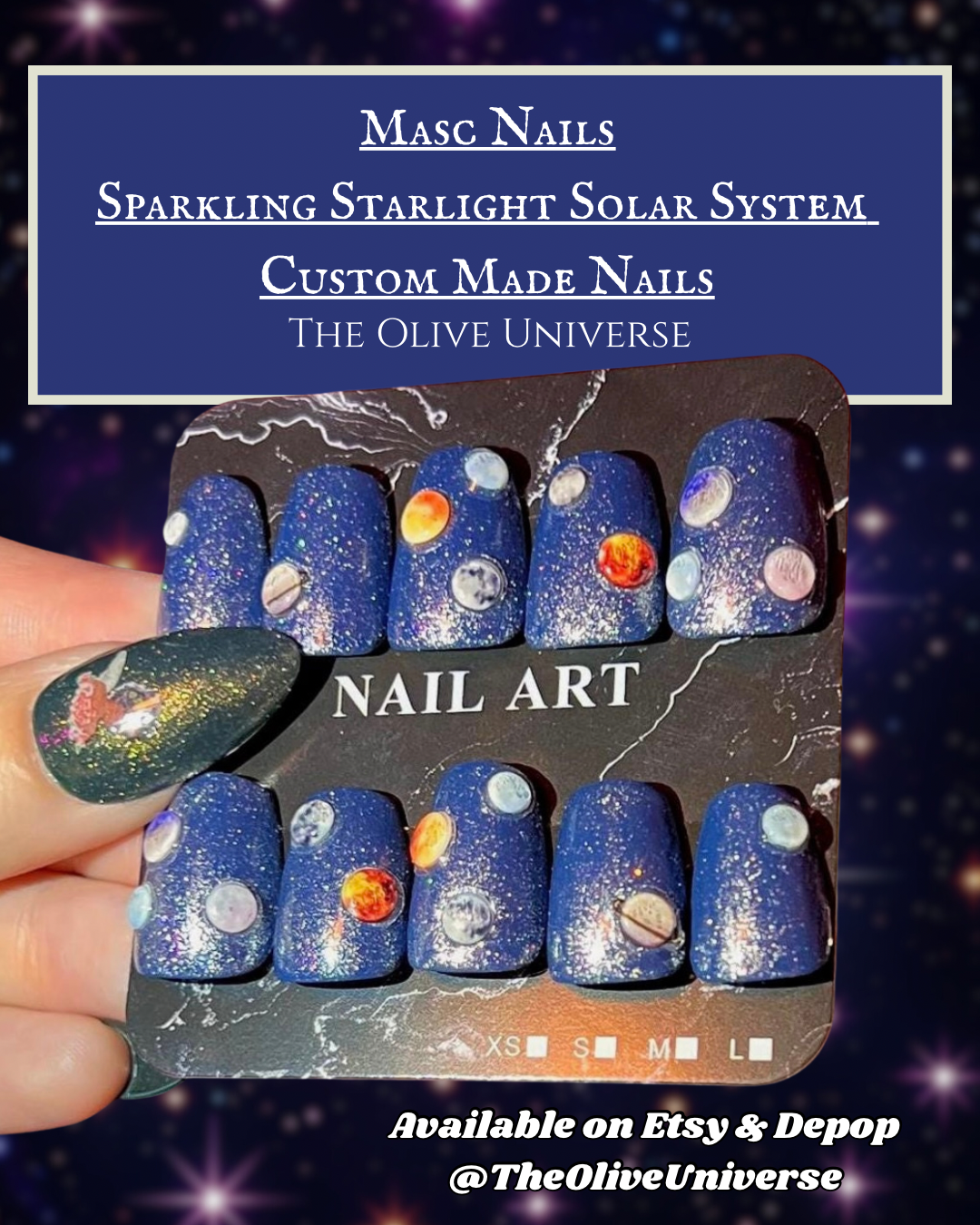 Masc Nails - Sparkling Starlight Solar System Press On Custom Made Nails - Olive Made