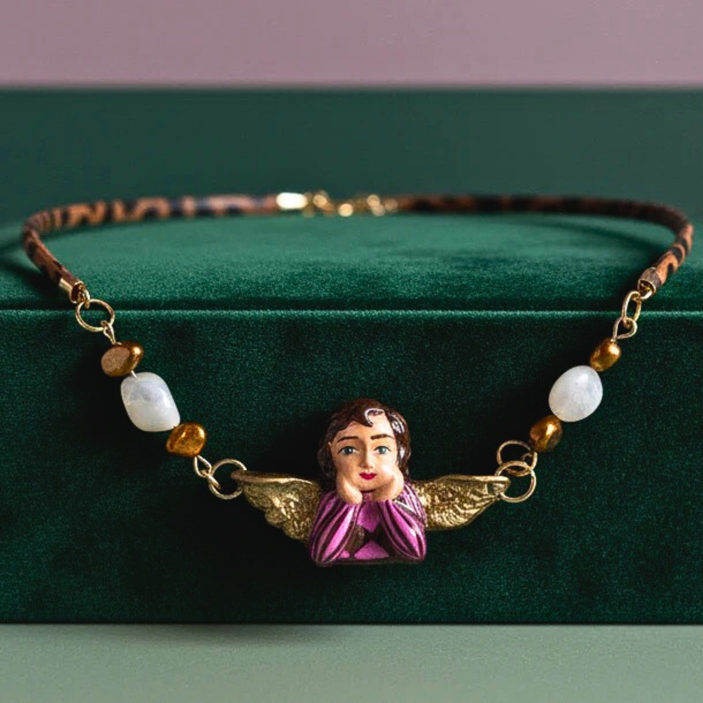 Cheetah Print Angel Necklace | Hand Painted Angel Pendant | Jestercore Statement Jewelry | Mother of Pearl Beads