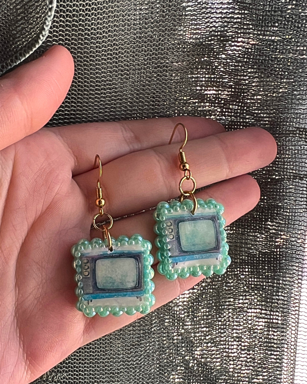 Vintage TV Set Clay Earrings | Teal Iridescent Pearl Frame