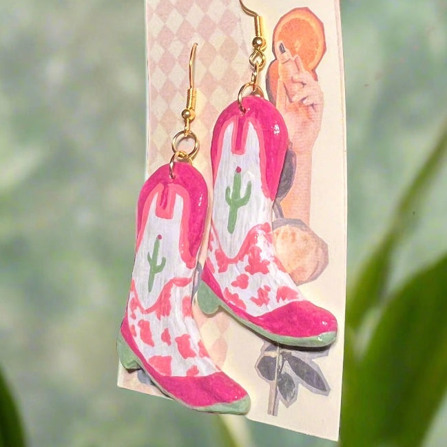 Cactus Cowprint Boots - Handmade & Hand Painted Charm Earrings - Olive Made
