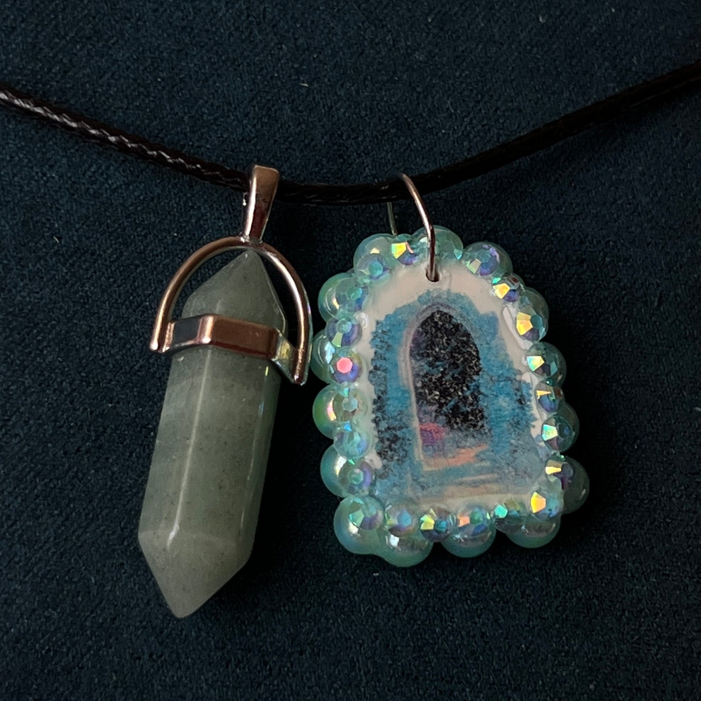 Magical archway charm necklace — one-of-a-kind medieval stone archway “portal” pendant hand-sculpted in polymer clay (approx. 1" tall x 0.75" wide) and bedazzled with iridescent pearls and rhinestones. Handmade wearable magic.