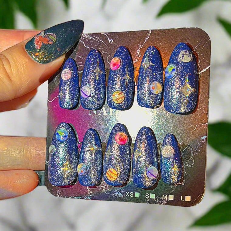 Sparkling Starlight Solar System Almond Shaped Press On Custom Made Nails - Olive Made