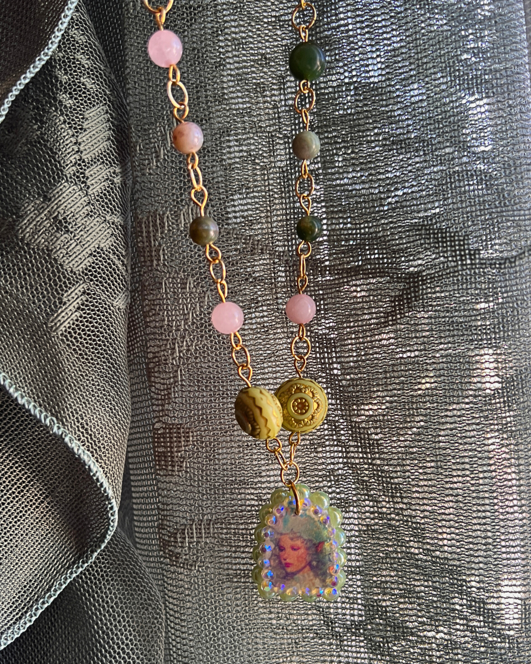 Fairycore Crystal Portrait Necklace | Rose Quartz + Agate | Coquette Fairycore Necklace
