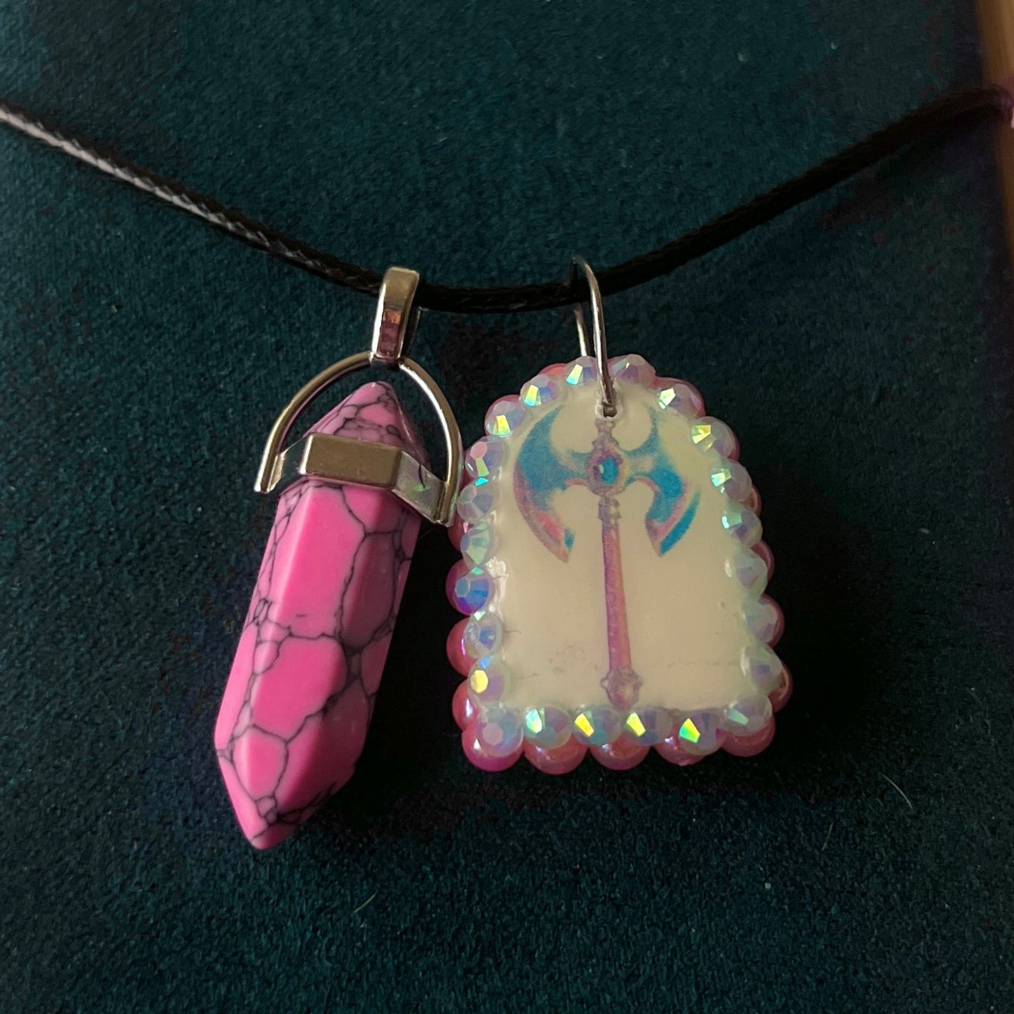 Battle Axe Charm Necklace | Polymer Clay Pendant + Pink Marbled Gem