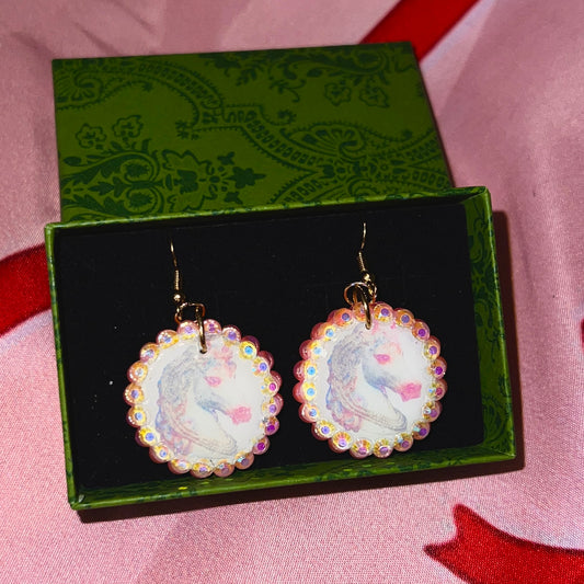 Unicorn Bedazzled Earrings | Handmade Polymer Clay Earrings | Iridescent Rhinestone Dangle Earrings | Y2K Fairycore Jewelry | Gift Ready