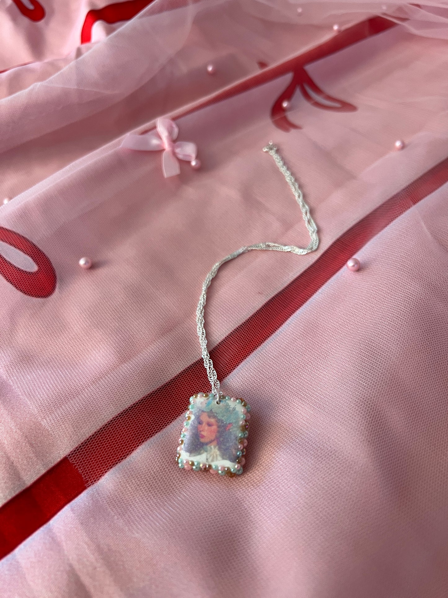 Iridescent Elf Portrait |  Polymer Clay Charm | Pearl Charm Necklace | 925 Sterling Silver | 20" Chain