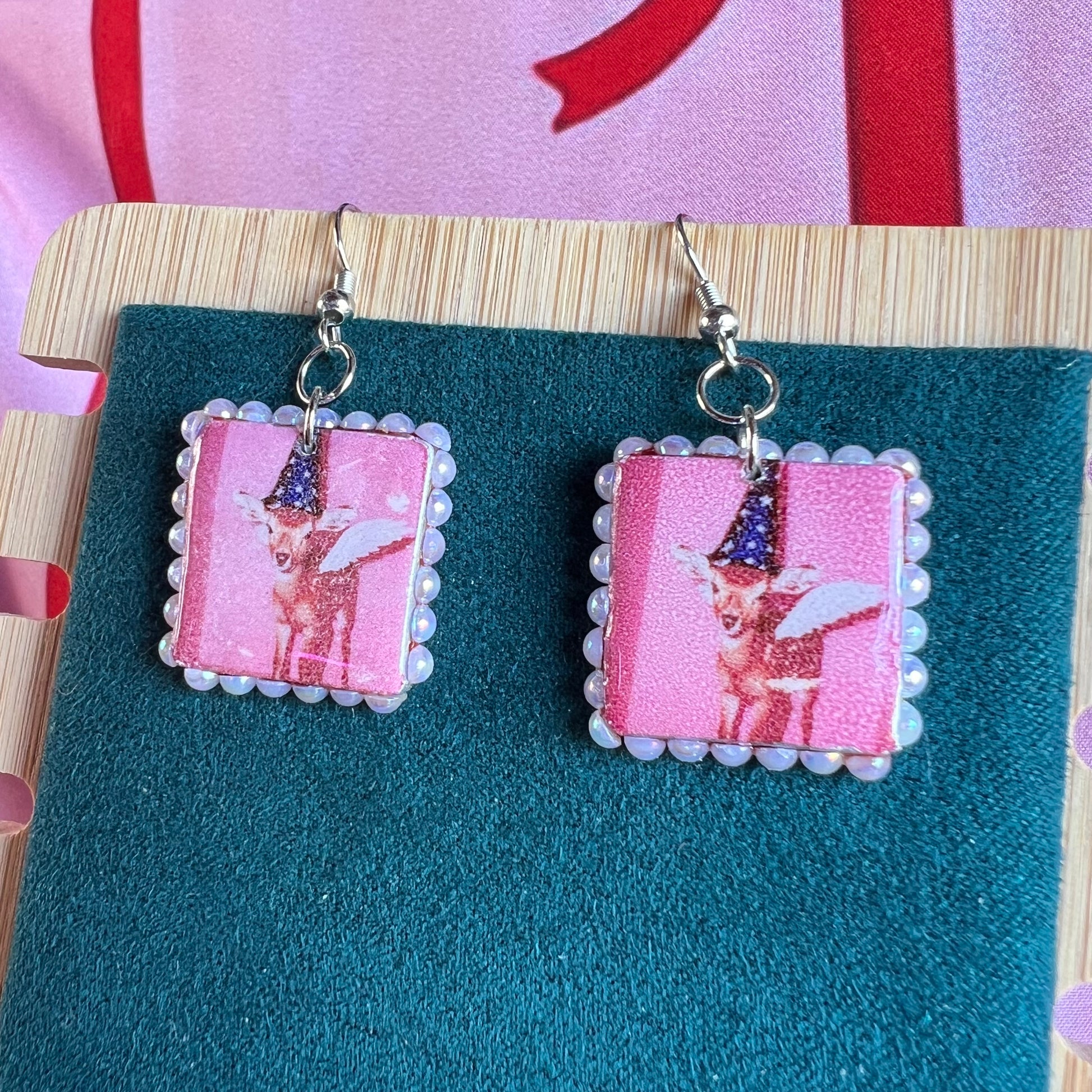liminal fairy deer earrings, deer earrings, fairycore earrings, y2k earrings, handmade polymer clay earrings, pink earrings, liminal space jewelry, indie earrings, wizardcore jewelry, animal earrings, nostalgic jewelry, flash photo earrings, square charm earrings, Olive Made