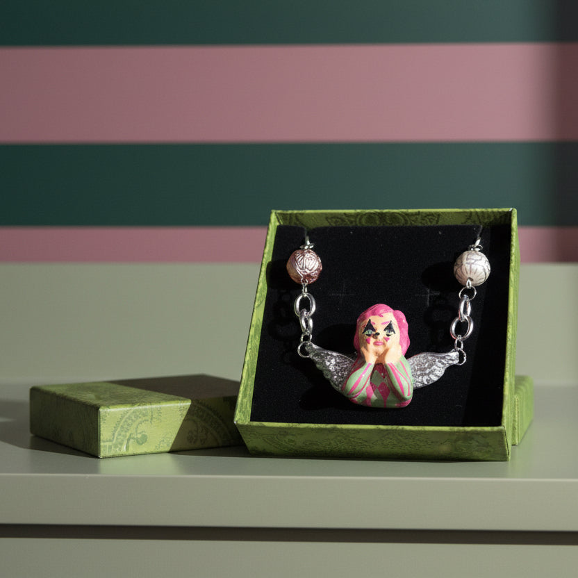 Silver Clown Angel Necklace | Clowncore Jewelry | Polymer Clay Pendant | Pink Agate + Gray Marble Beads | Whimsical Statement Necklace