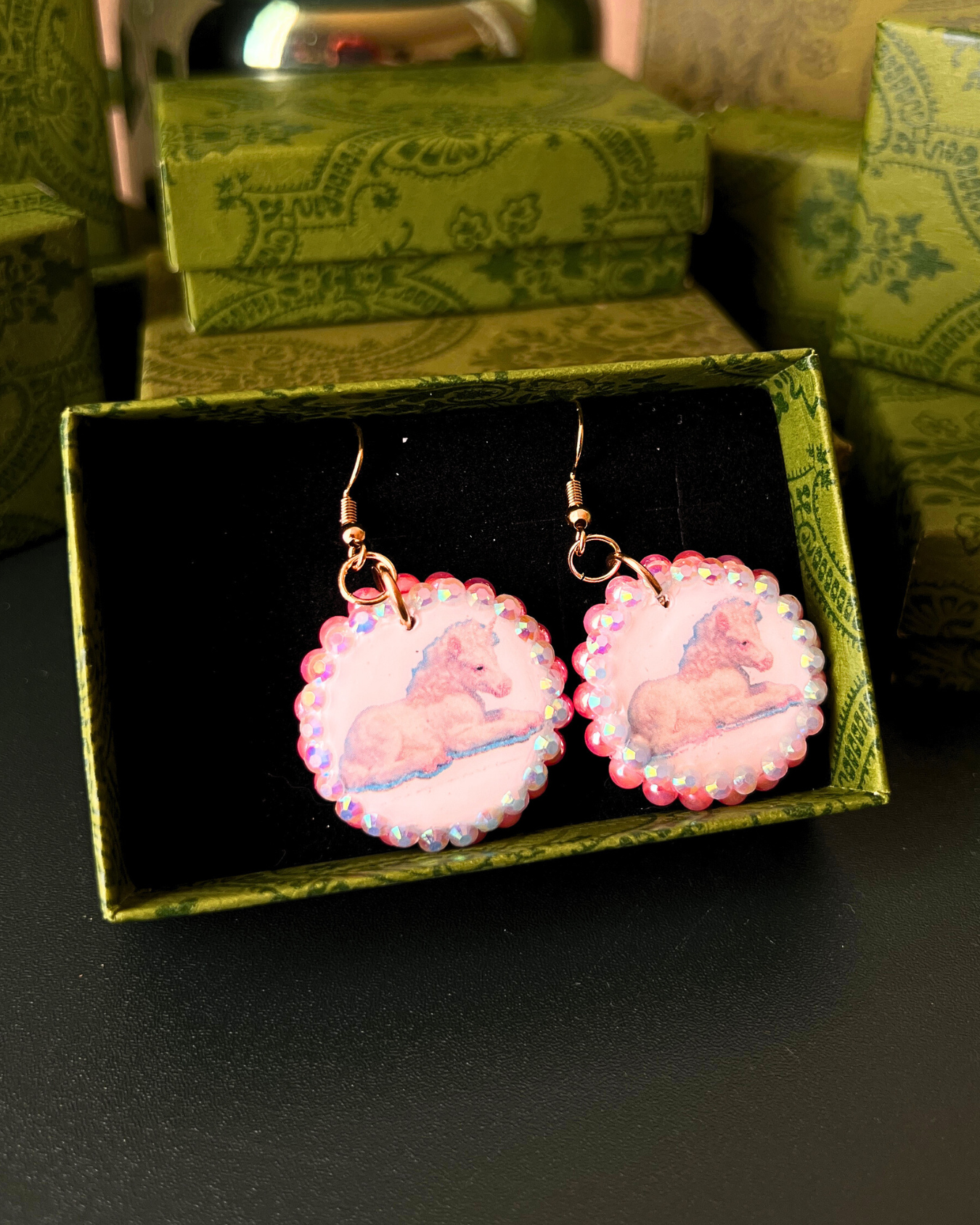 Unicorn Bedazzled Earrings | Handmade Polymer Clay Earrings | Iridescent Rhinestone Dangle Earrings | Y2K Fairycore Jewelry | Gift Ready