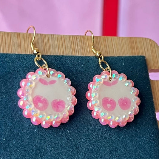 Pink Cherry Drop Earrings | Y2K Kawaii Pearl + Rhinestone Dangles | Olive Made