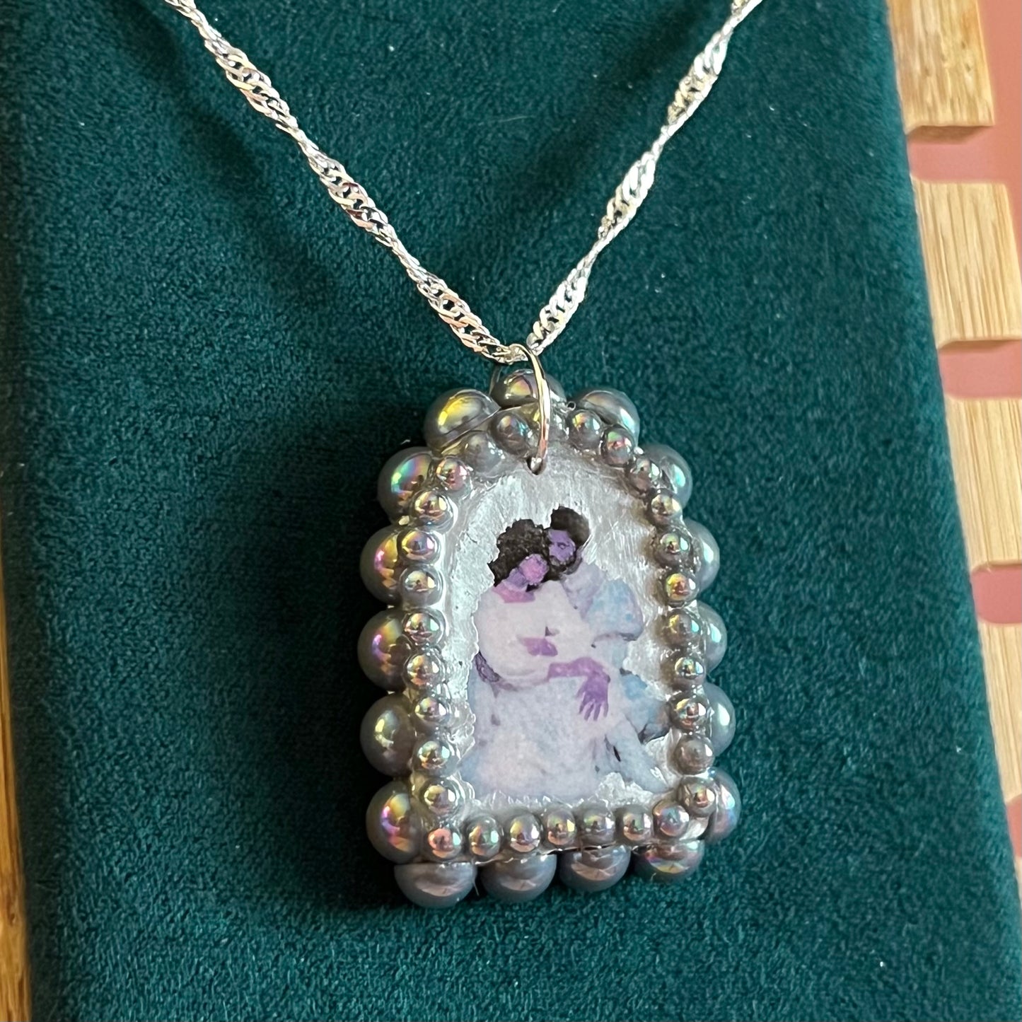 whimsical lovers necklace, fairycore necklace, romantic necklace, arch pendant necklace, sterling silver chain necklace, 925 silver necklace, polymer clay charm necklace, silver pendant necklace, iridescent pearl necklace, victorian inspired jewelry, fantasy aesthetic jewelry, handmade necklace, wearable art jewelry, lovers pendant, romantic gift for her, artisan jewelry, statement necklace, cottagecore fairycore jewelry, olive made, the olive universe