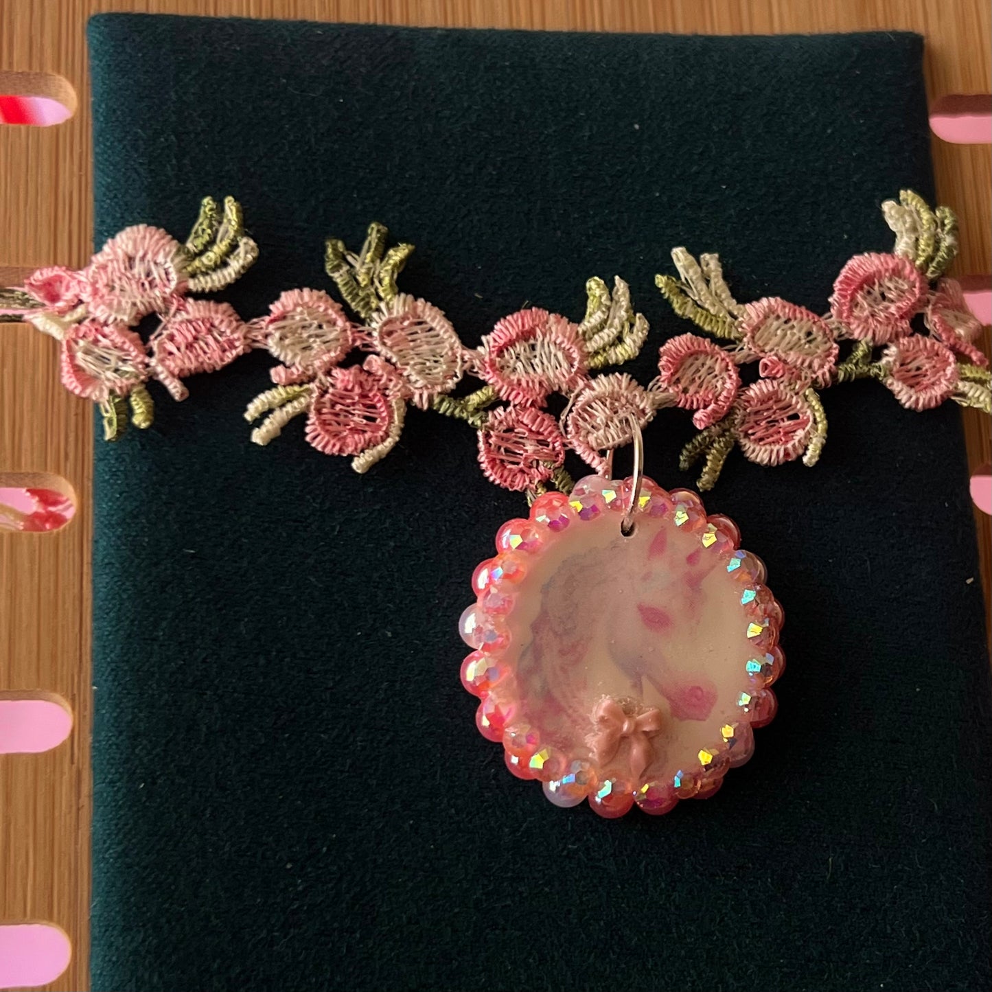 Unicorn Bow Charm Lace Flower Choker Necklace | Pastel Pink Pearl Variations | Olive Made