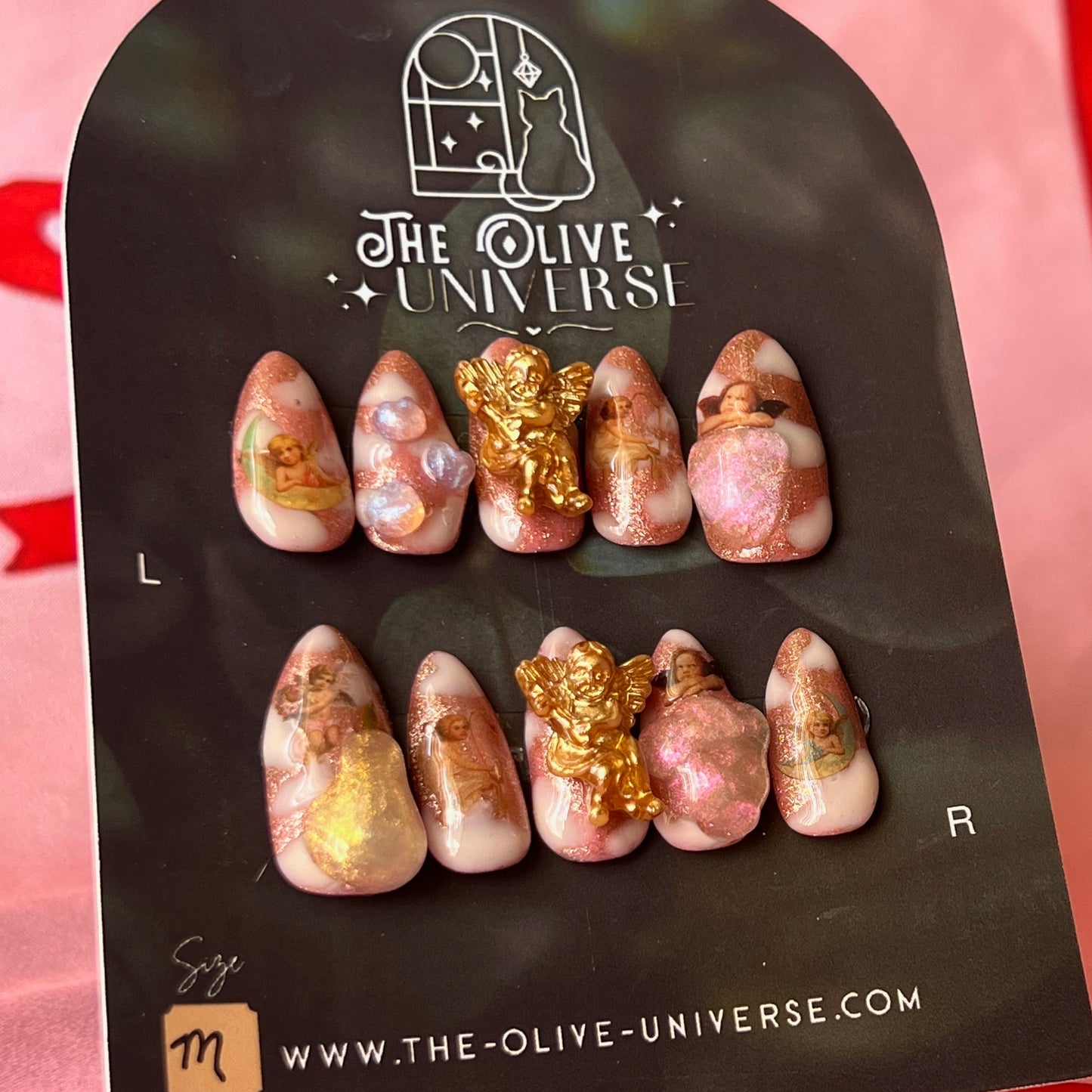 Ambrosia Fruit Press-On Nails | Hand Painted Nails | Iridescent 3D Gel | Pink Shimmer | Angel Charm | One of One | Size Medium