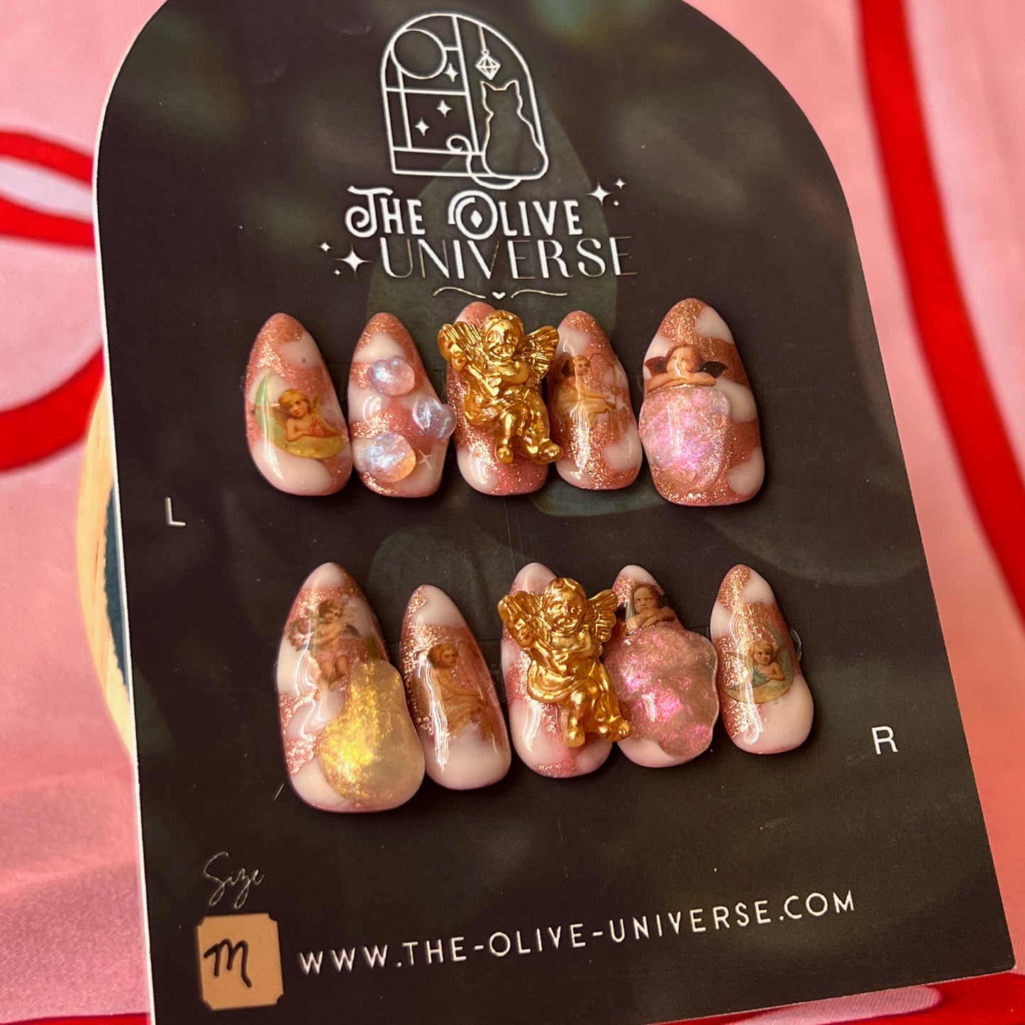 Ambrosia Fruit Press-On Nails | Hand Painted Nails | Iridescent 3D Gel | Pink Shimmer | Angel Charm | One of One | Size Medium