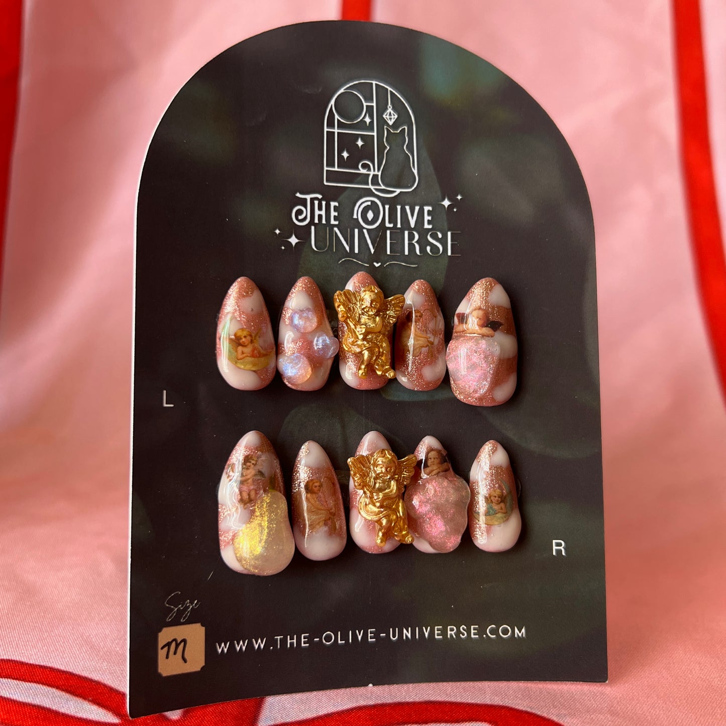 Ambrosia Fruit Press-On Nails | Hand Painted Nails | Iridescent 3D Gel | Pink Shimmer | Angel Charm | One of One | Size Medium