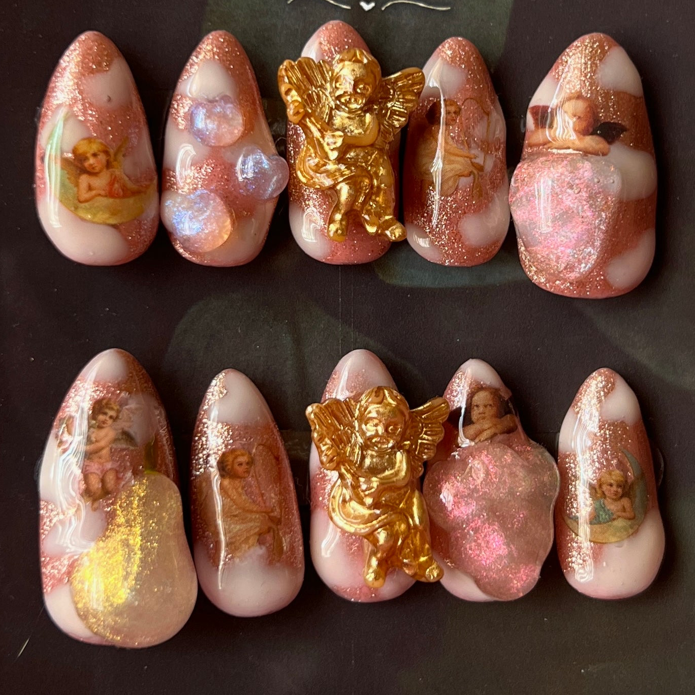 Ambrosia Fruit Press-On Nails | Hand Painted Nails | Iridescent 3D Gel | Pink Shimmer | Angel Charm | One of One | Size Medium