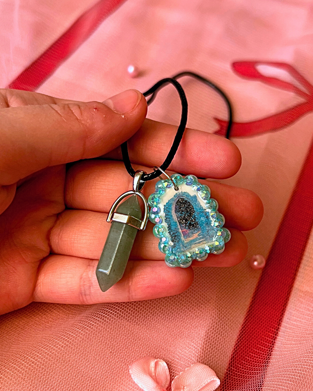 Magical Archway Charm Necklace | Polymer Clay | Iridescent Pearl Portal Pendant + Blue Gem Charm