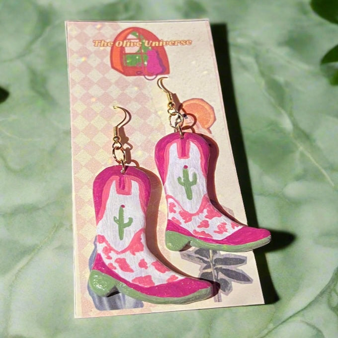 Cactus Cowprint Boots - Handmade & Hand Painted Charm Earrings - Olive Made