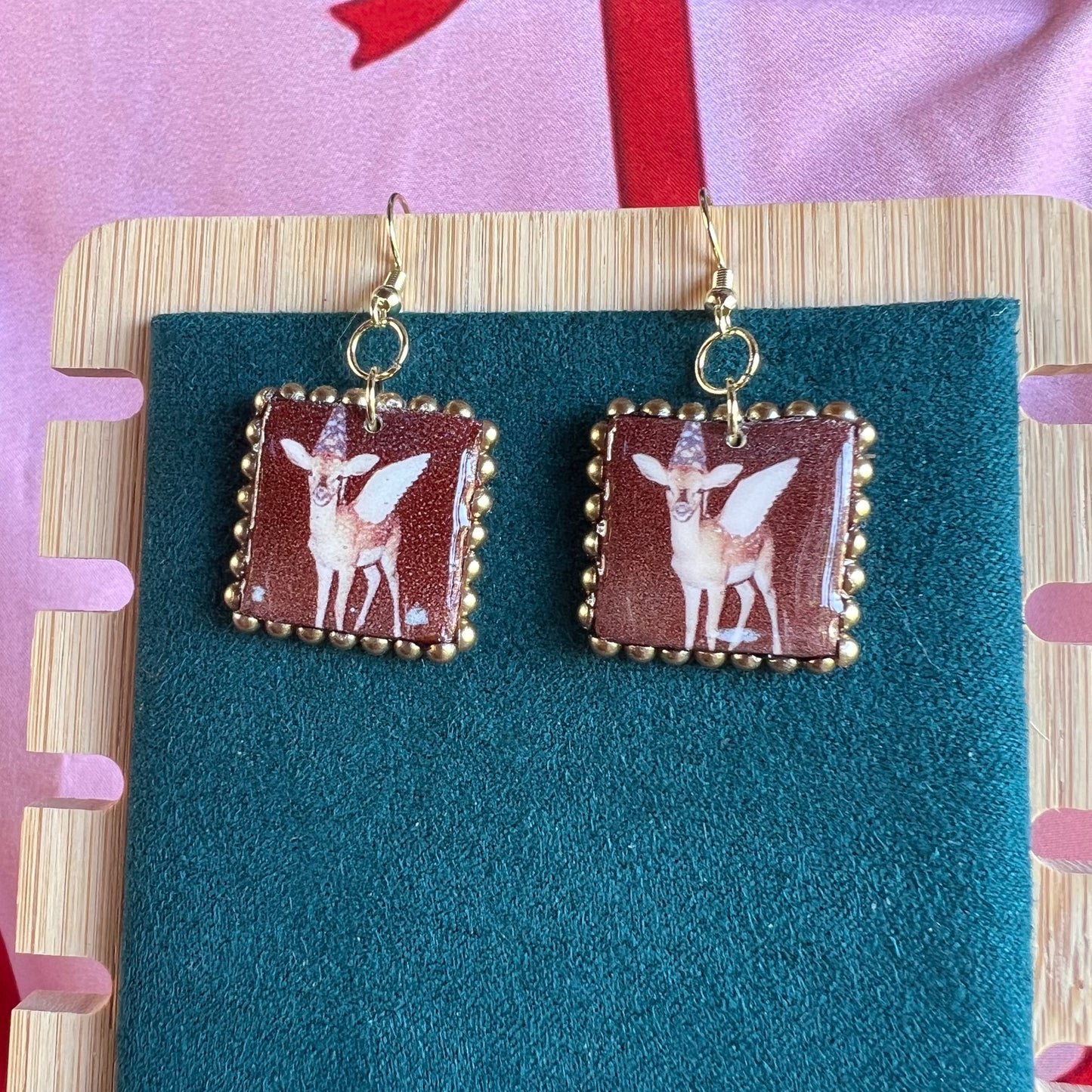 fairy fawn earrings, deer earrings, cottagecore earrings, fairycore earrings, handmade polymer clay earrings, woodland jewelry, polaroid earrings, gold bead earrings, 14k gold plated earrings, animal earrings, whimsical earrings, indie jewelry, forestcore jewelry, Olive Made