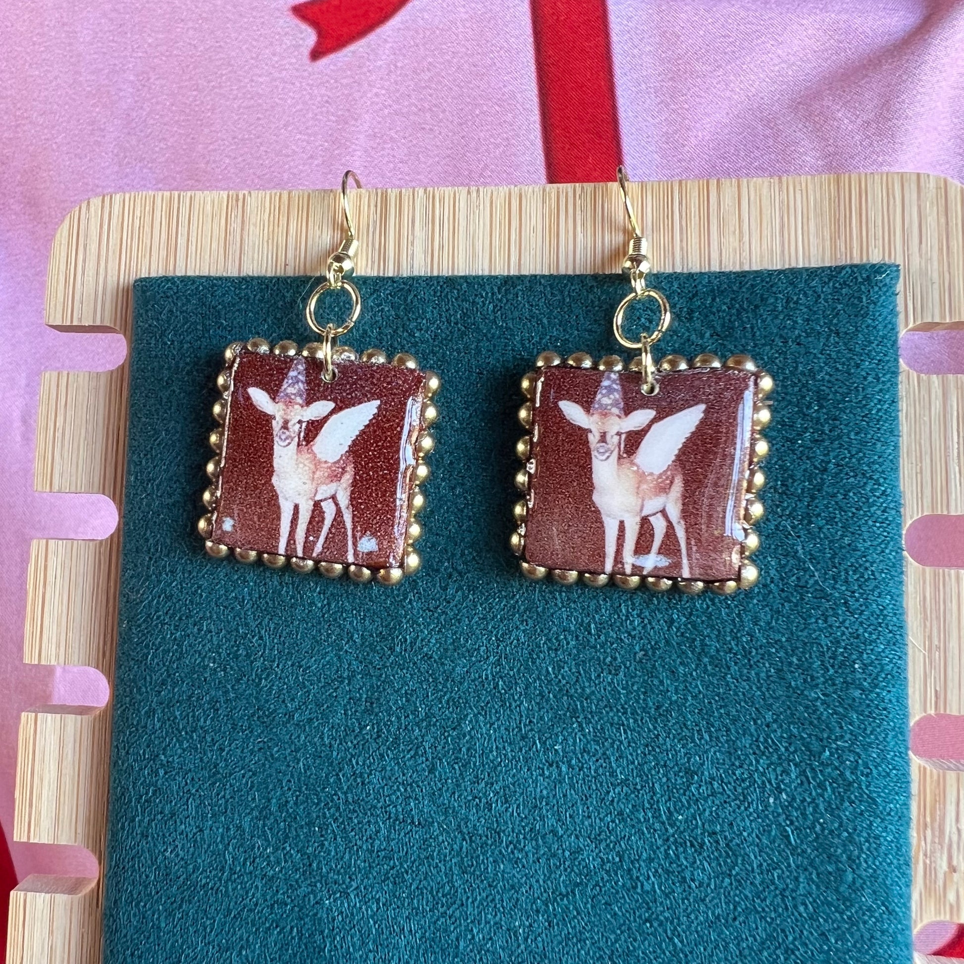 fairy fawn earrings, deer earrings, cottagecore earrings, fairycore earrings, handmade polymer clay earrings, woodland jewelry, polaroid earrings, gold bead earrings, 14k gold plated earrings, animal earrings, whimsical earrings, indie jewelry, forestcore jewelry, Olive Made