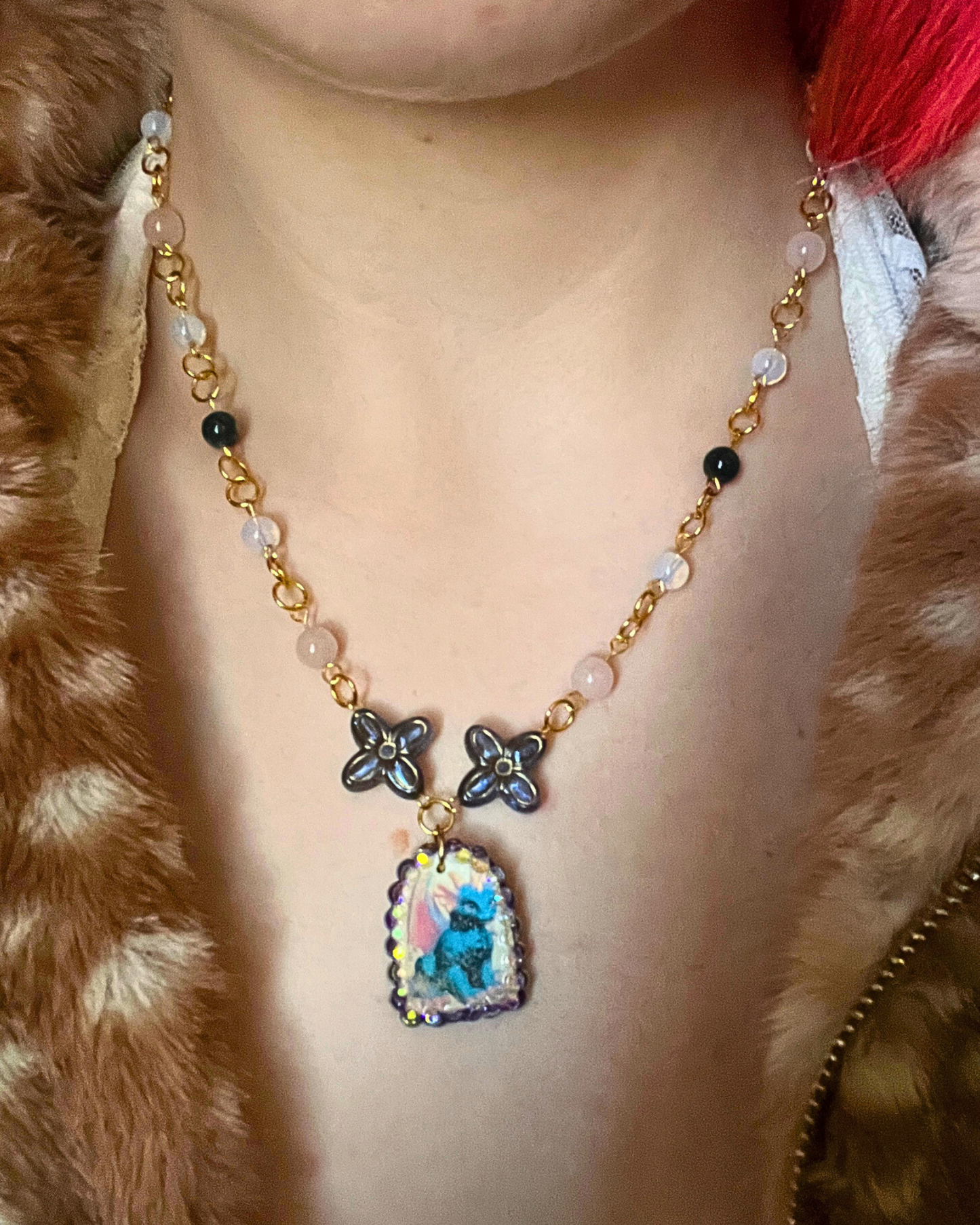 Gold Plated Dragon Charm Necklace | Rose Quartz + Opalite + Indian Agate Beads