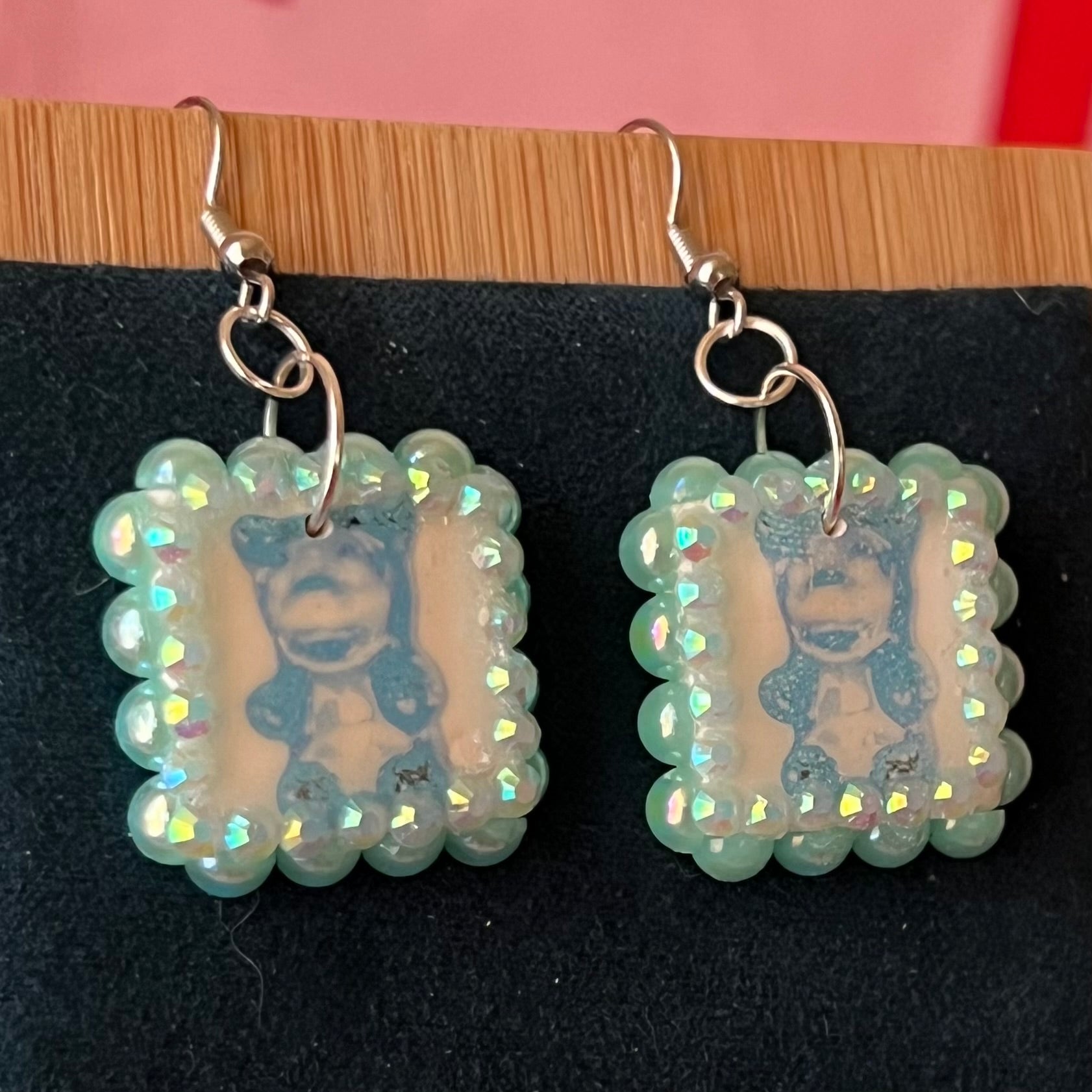 gummy bear earrings, blue gummy bear earrings, y2k earrings, kidcore earrings, toycore jewelry, rhinestone charm earrings, pearl rhinestone earrings, handmade polymer clay earrings, cute statement earrings, candy jewelry