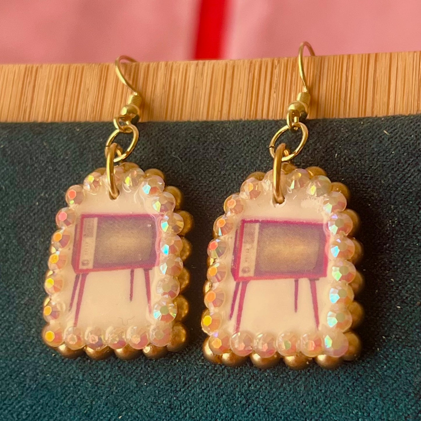 Handmade retro vintage TV charm earrings — pearl‑bedazzled arch dangles with a nostalgic TV graphic, gold/bronze pearl framing and 18k gold‑plated hooks; perfect retro, vintage, Y2K, indie, polymer‑clay statement jewelry.