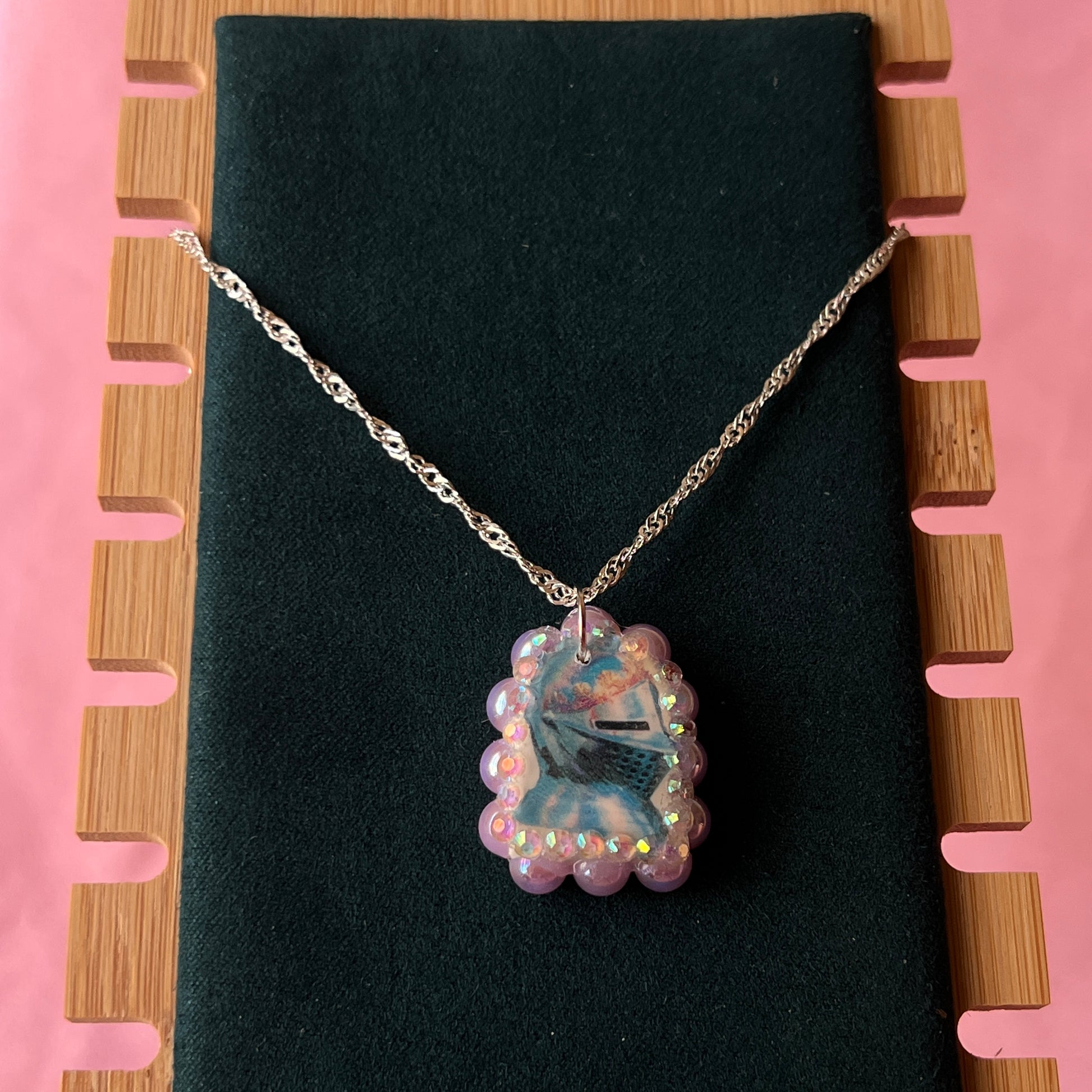 Lavender knight charm necklace — handmade polymer clay lavender knight pendant bedazzled with iridescent beads on 20" 925 silver chain. Gift-ready green Victorian-patterned box. Whimsigoth fairycore coquette cottagecore Y2K charm necklace; ready to ship in 1–3 days.