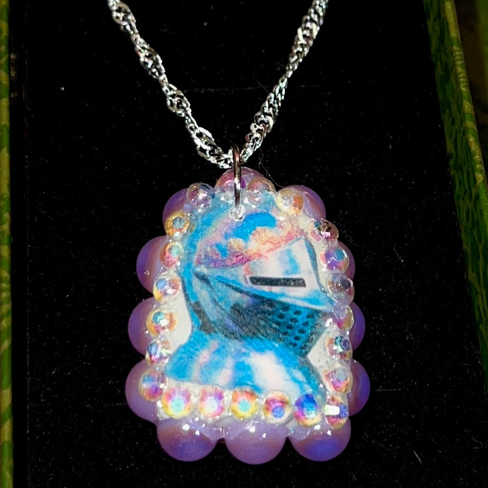 Lavender knight charm necklace — handmade polymer clay lavender knight pendant bedazzled with iridescent beads on 20" 925 silver chain. Gift-ready green Victorian-patterned box. Whimsigoth fairycore coquette cottagecore Y2K charm necklace; ready to ship in 1–3 days.