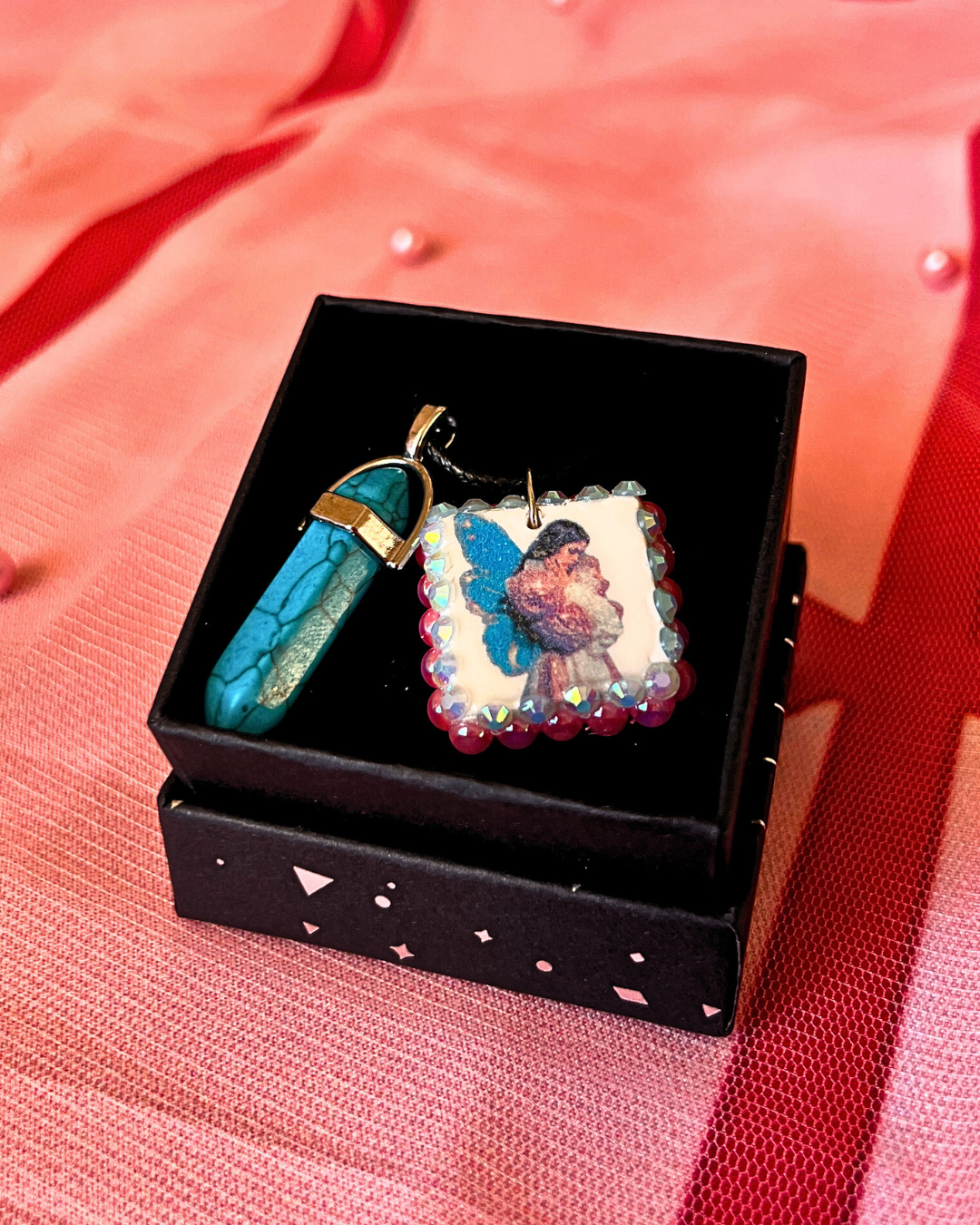 Pink + Blue Fairy Charm Necklace | Polymer Clay Pendant + Blue Gem