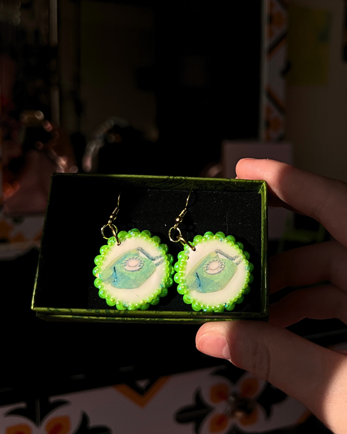 Neon Green Dial Up Phone Earrings | Polymer Clay Charm Earrings | Pearl Bedazzled Statement Earrings | 18k Gold Plated Hooks