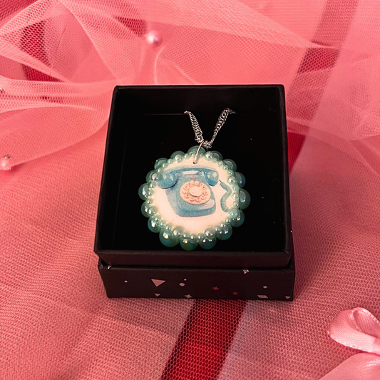 Teal Dial-Up Phone Necklace | Iridescent Pearl Charm | Handmade Polymer Clay Jewelry | 925 Sterling Silver Chain