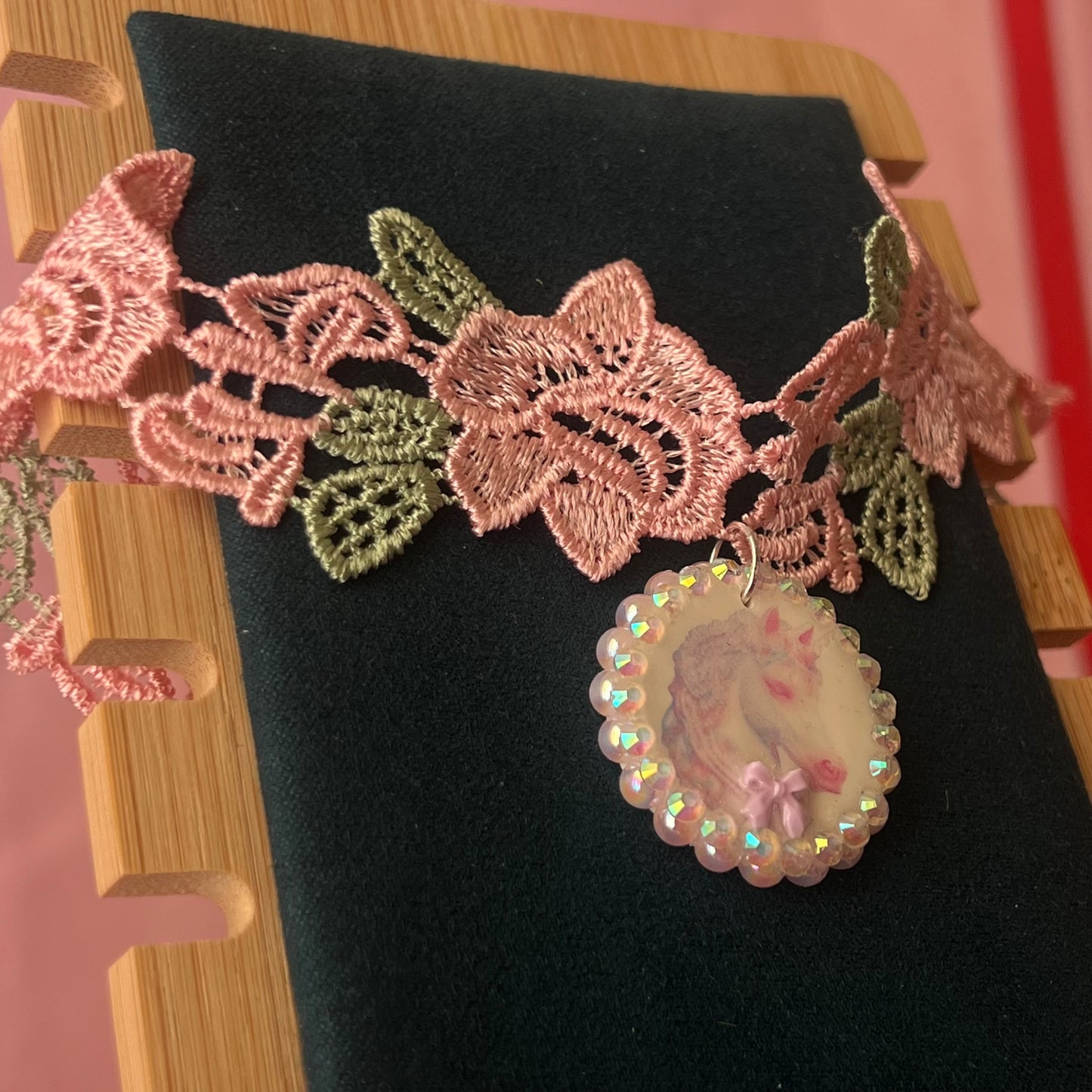 Unicorn Bow Charm Lace Flower Choker Necklace | Pastel Pink Pearl Variations | Olive Made