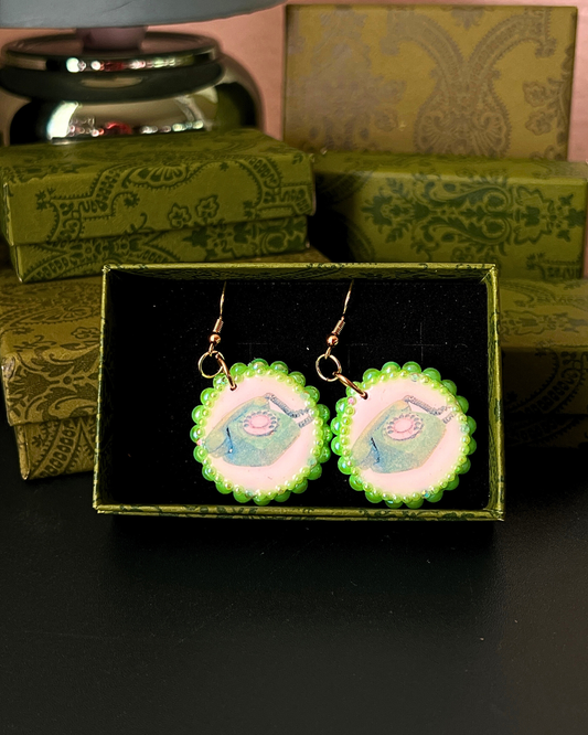 Neon Green Dial Up Phone Earrings | Polymer Clay Charm Earrings | Pearl Bedazzled Statement Earrings | 18k Gold Plated Hooks