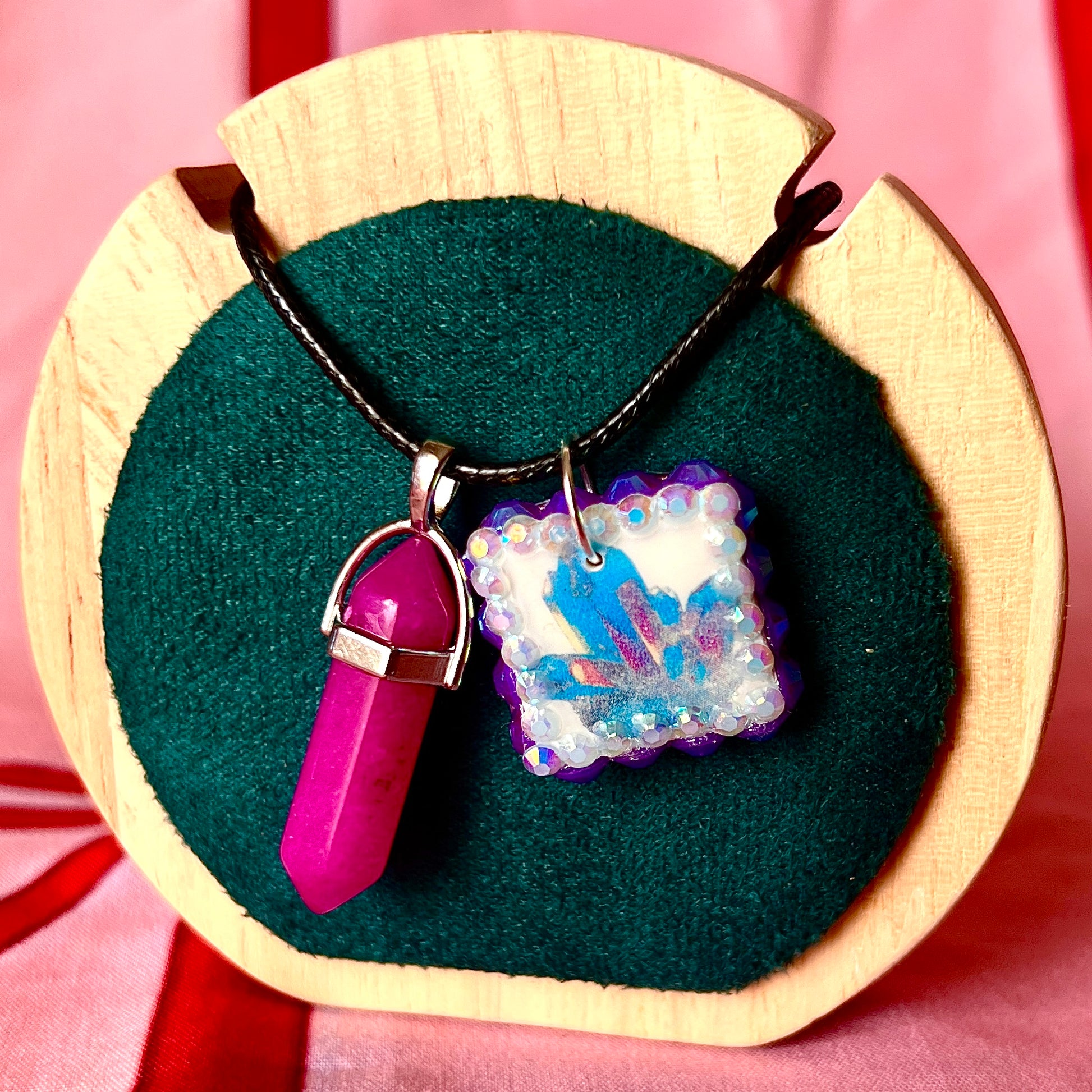 Pink & blue crystal cluster necklace — handmade polymer clay gem cluster pendant in pastel pink/blue, hand-bedazzled with iridescent pearls + rhinestones for high-glam fairycore sparkle. Gift-ready Victorian-patterned box. Whimsigoth Y2K charm necklace; ready to ship in 1–3 days.